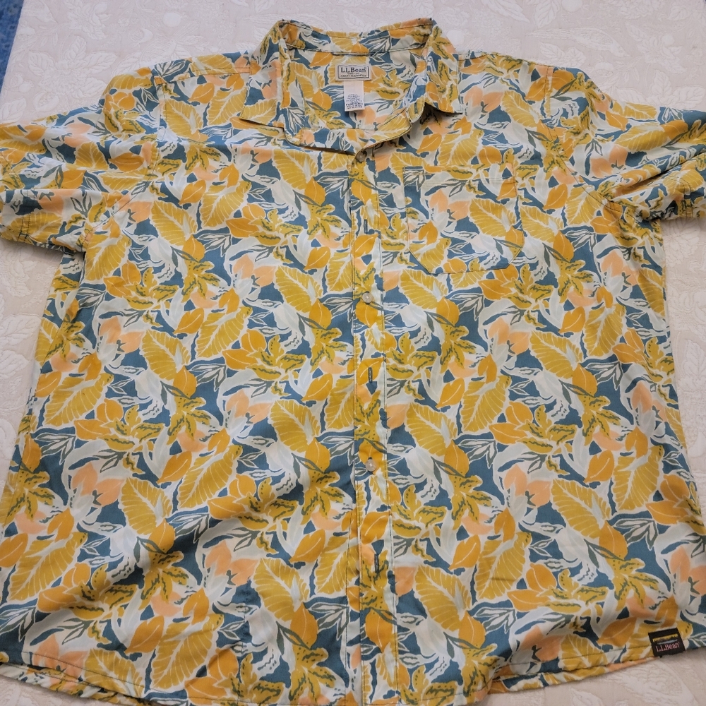 L.L. Bean Yellow and Blue Leaf Print Shirt